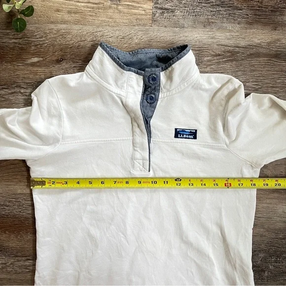 LL Bean Women's White Cotton French Terry 1/4 Button Pullover with Navy Trim - Picture 12 of 16